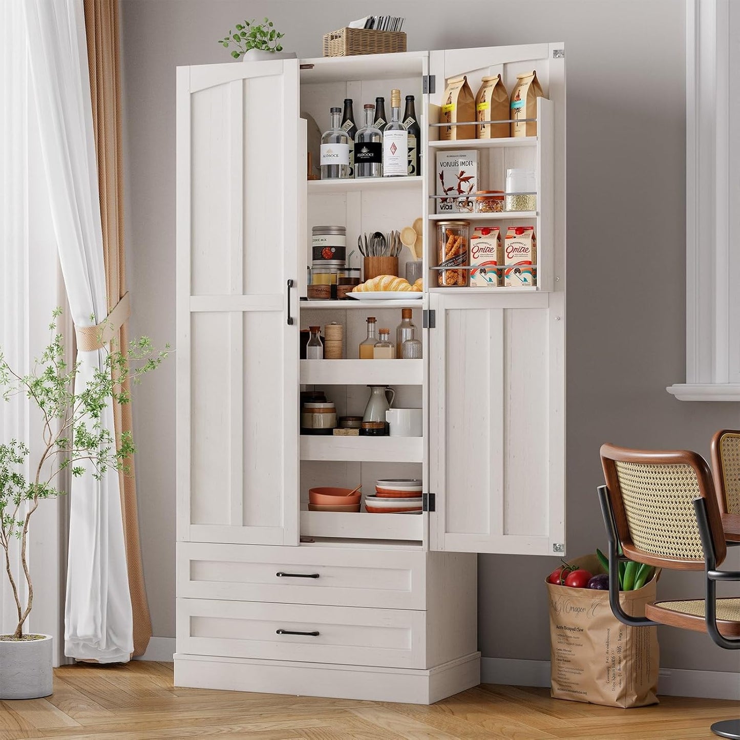 71" Tall Farmhouse Kitchen Pantry Cabinet with 3 Pull Out Shelves & 2 Large Drawers, Pantry Storage Cabinet with 6 Door Shelves & Adjustable Shelf, Freestanding Pantry for Kitchen, Dining Room