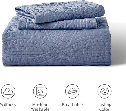 King Size Quilt Set Blue Bedspreads - Soft Bed Summer Lightweight Bedspread Comforter - Modern Style Coin Pattern Coverlet for All Season - 3 Pieces (1 Quilt, 2 Pillow Shams)