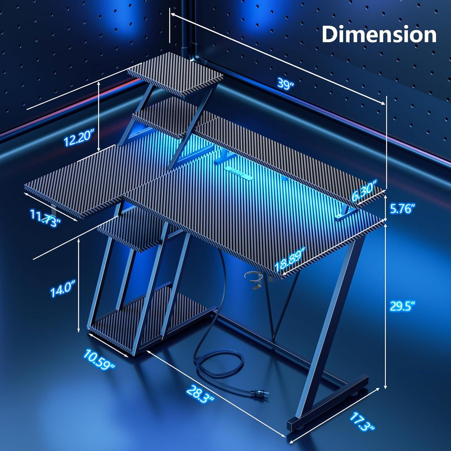 39 Inch Gaming Desk with LED Lights & Power Outlet, Small Gaming Computer Desk with Storage Shelves, L Shaped Gamer Workstations with Monitor Stand for Bedroom, Carbon Fiber Black