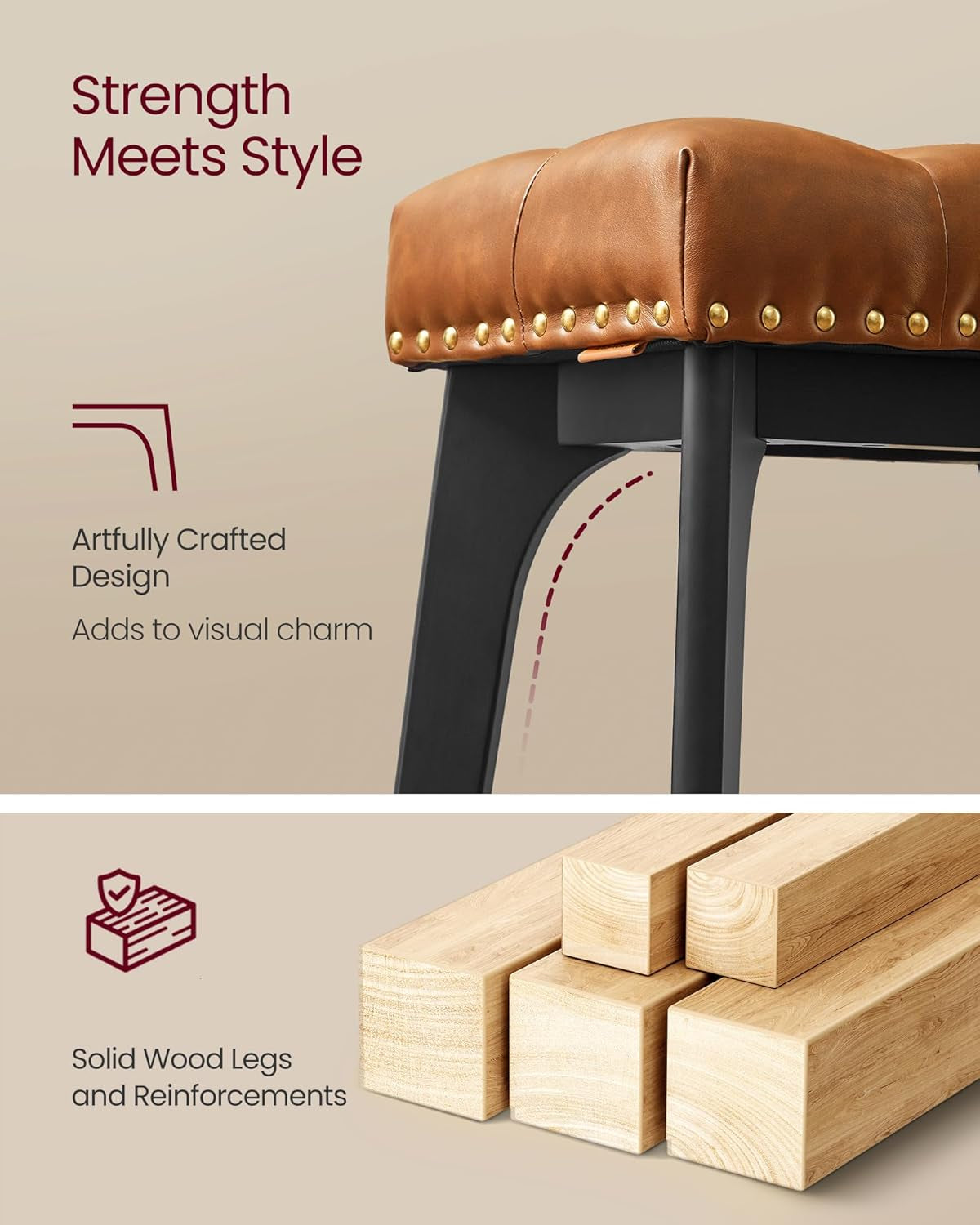 Bar Stools Set of 2, Saddle Counter Height Bar Stools, 26-Inch Backless Kitchen Stools with Wood Legs, PU Leather Thickened Upholstered Barstools for Kitchen Island Dining Room, Coffee Brown