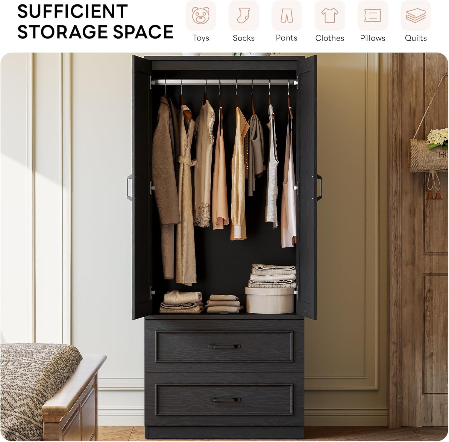 Armoire Wardrobe Closet with 2 Doors and 2 Drawers 70" H X 28" W Wooden Bedroom Freestanding Wardrobe Combination for Hanging Clothes, Black