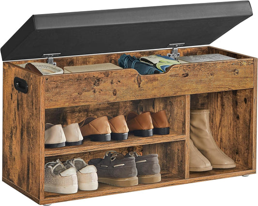 CUSTOS Collection - Storage Bench with Cushion, Shoe Bench, Padded Seat, Hidden Storage, Entryway, Hold up to 300 Lb, 11.8 X 31.5 X 17.3 Inches, Rustic Brown and Ink Black ULHS30BX