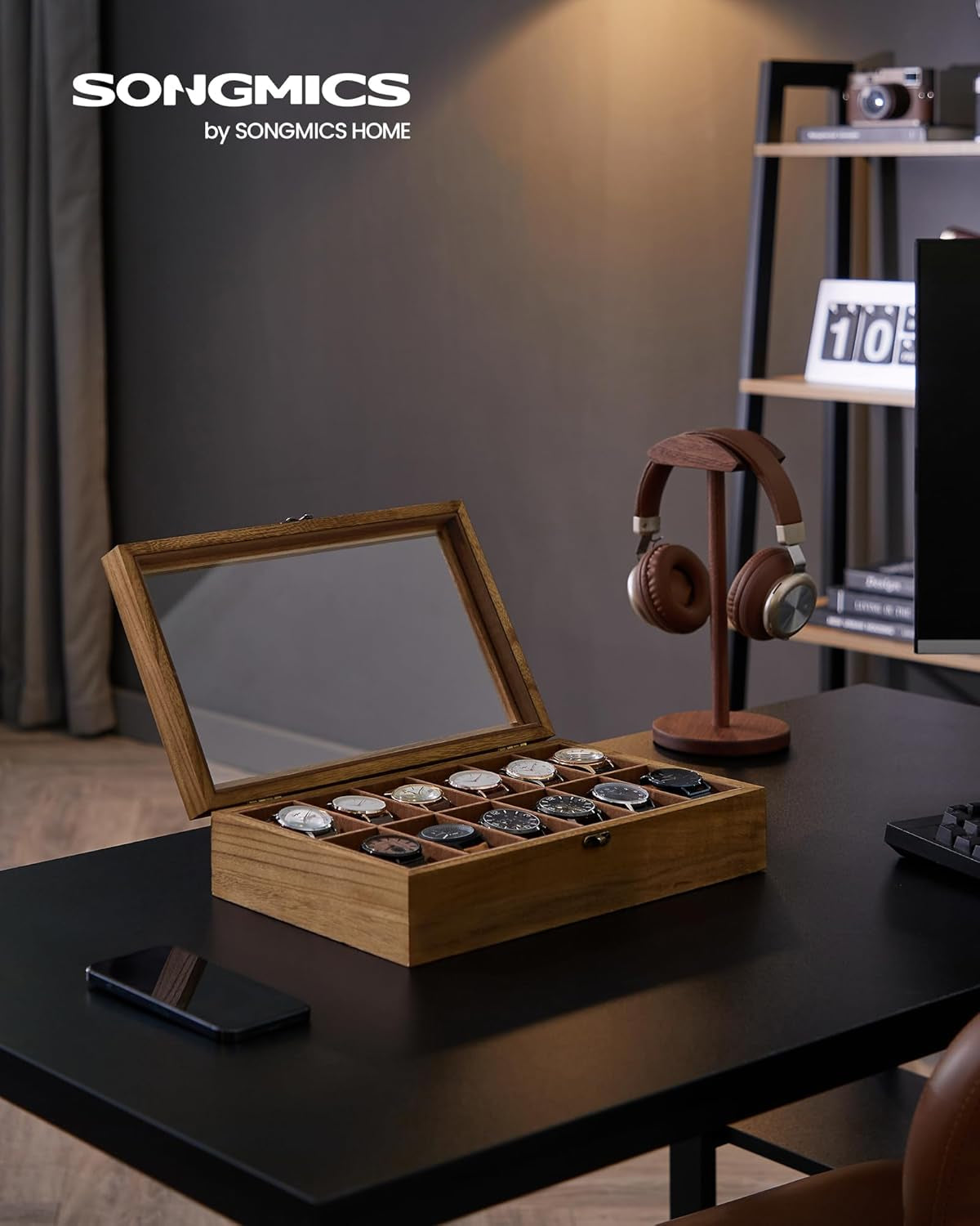 2 Items Bundle - Watch Boxes, 12-Slot Solid Wood Watch Box Organizer with Glass Lid, 2-Tier Watch Case with 8 Slots, Rustic Walnut UJOW008K01 and UJOW120K01