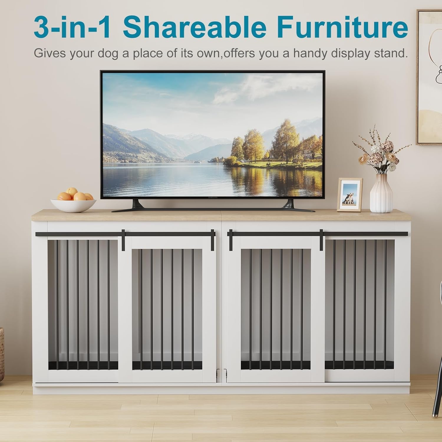 Large Dog Crate Furniture, 71 in Wooden Dog Kennel for 2 Dogs, Heavy Duty Furniture Style Dog House with Divider & 2 Trays,Decorative Dog Crate Table Indoor Tv Stand