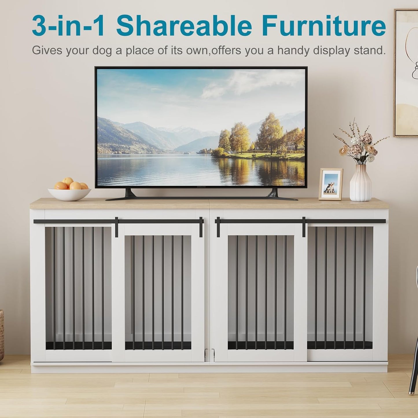 Large Dog Crate Furniture for Large Breed, Heavy Duty Dog Kennel with Divider, All Steel Frame Crate Tv Stand, Farmhouse Furniture Style End Table