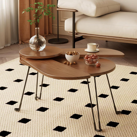 Solid Wood Small Coffee Table, Beetle Design, Full Assembly, Folding Coffee Table for Small Spaces, Portable Floor Table Furniture for for Garden, Balcony, Indoor or Outdoor Use (Walnut)