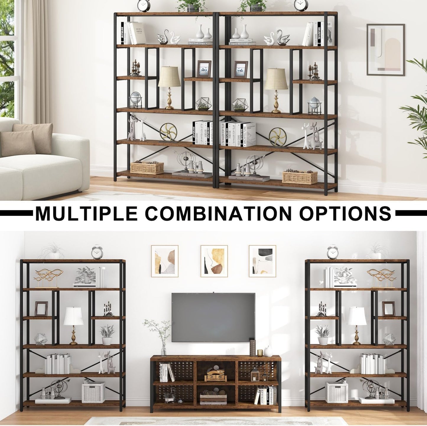 Rustic Bookcases and Book Shelves, Metal Wood 6 Tier Bookshelf and Book Rack Storage, Industrial Vertical Display Etagere Book Case 6 Shelf, Vintage Large Book Shelf for Bedroom Living Room, Brown