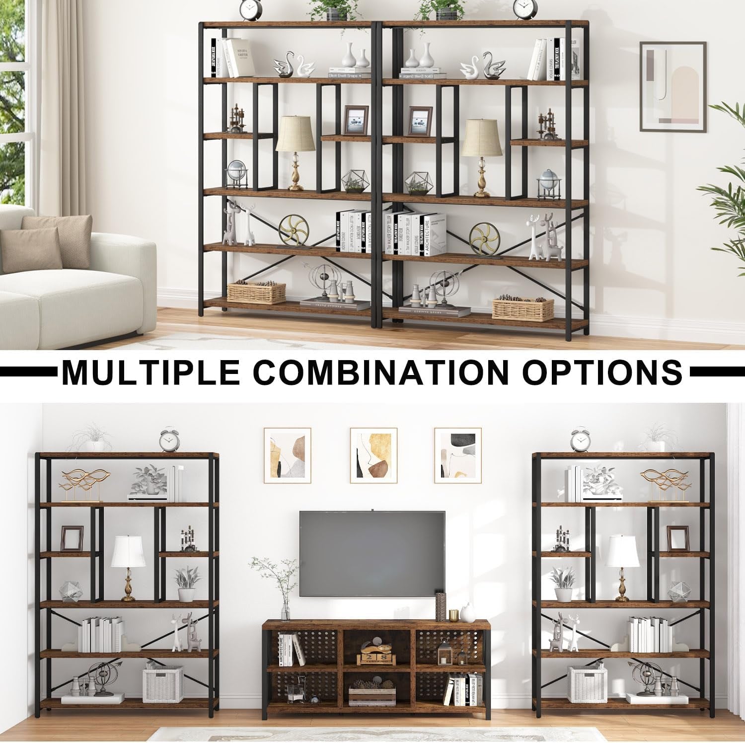 Rustic Bookcases and Book Shelves, Metal Wood 6 Tier Bookshelf and Book Rack Storage, Industrial Vertical Display Etagere Book Case 6 Shelf, Vintage Large Book Shelf for Bedroom Living Room, Brown