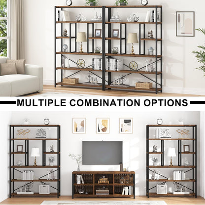 Rustic Bookcases and Book Shelves, Metal Wood 6 Tier Bookshelf and Book Rack Storage, Industrial Vertical Display Etagere Book Case 6 Shelf, Vintage Large Book Shelf for Bedroom Living Room, Brown