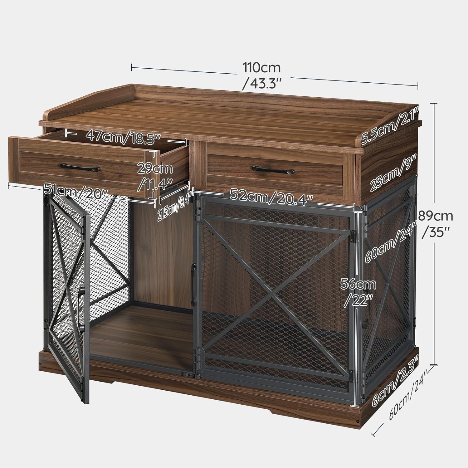 43.3” Dog Crate Furniture, XL Heavy Duty Dog Kennel with Drawers, Wooden Crate Indoor Side End Table for Medium to Large Dogs, Triple Door Design, Walnut and Black