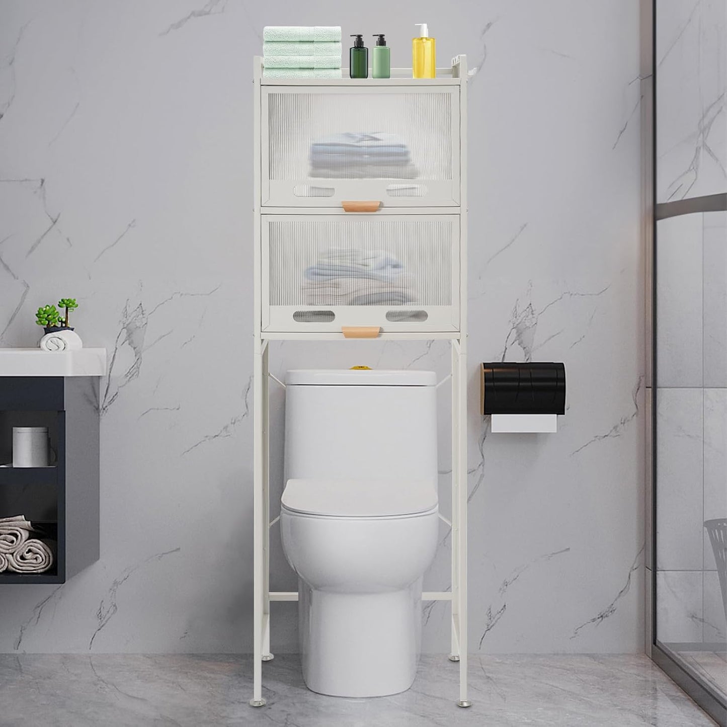 Over the Toilet Storage Cabinet with Flip Door, Metal Bathroom Shelf Organizer, Space Saver Freestanding Rack above Toilet Storage Cabinet with X-Shaped Crossbar (White)