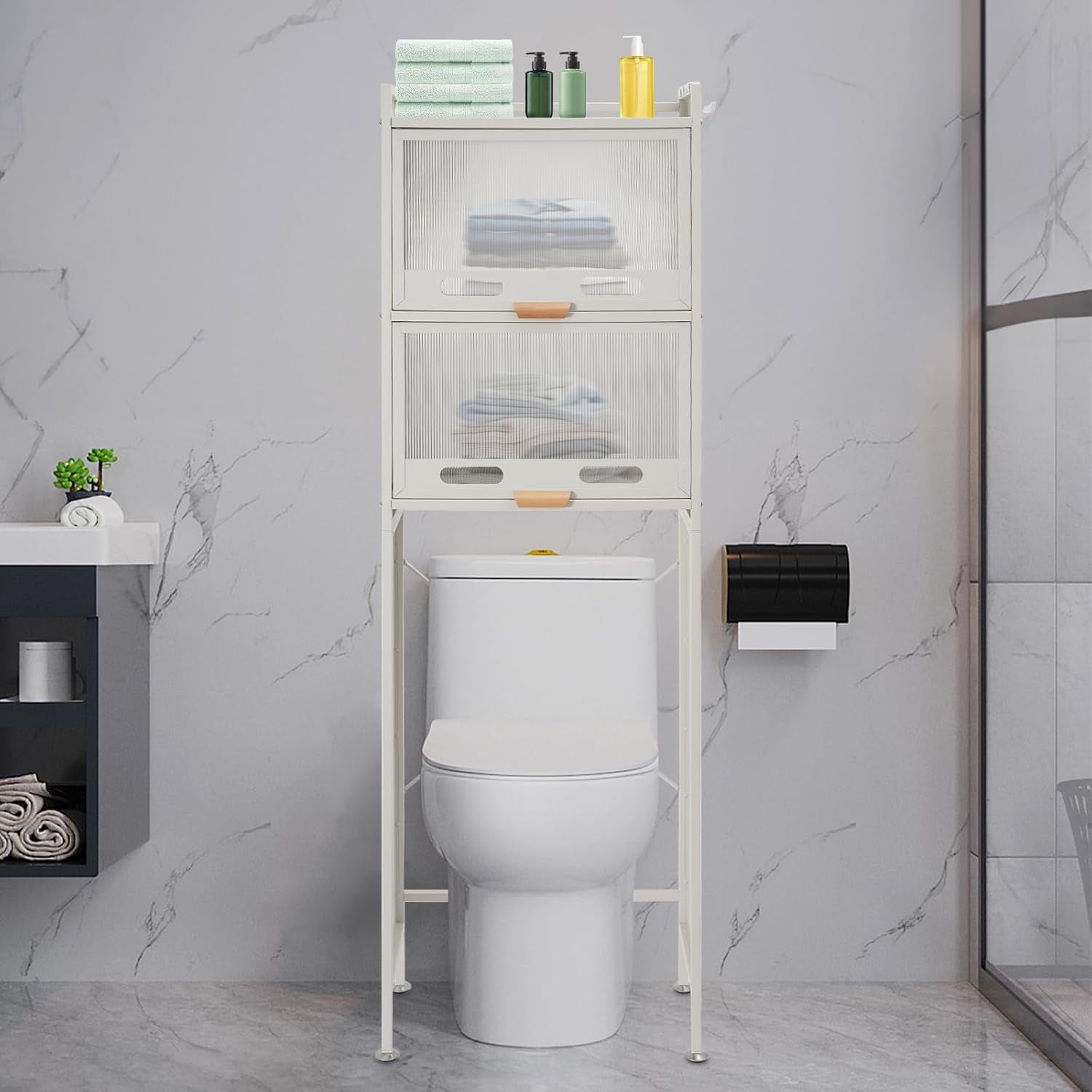 Over the Toilet Storage Cabinet with Flip Door, Metal Bathroom Shelf Organizer, Space Saver Freestanding Rack above Toilet Storage Cabinet with X-Shaped Crossbar (White)