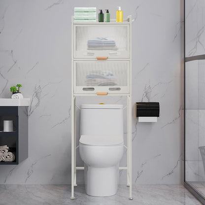 Over the Toilet Storage Cabinet with Flip Door, Metal Bathroom Shelf Organizer, Space Saver Freestanding Rack above Toilet Storage Cabinet with X-Shaped Crossbar (Black)