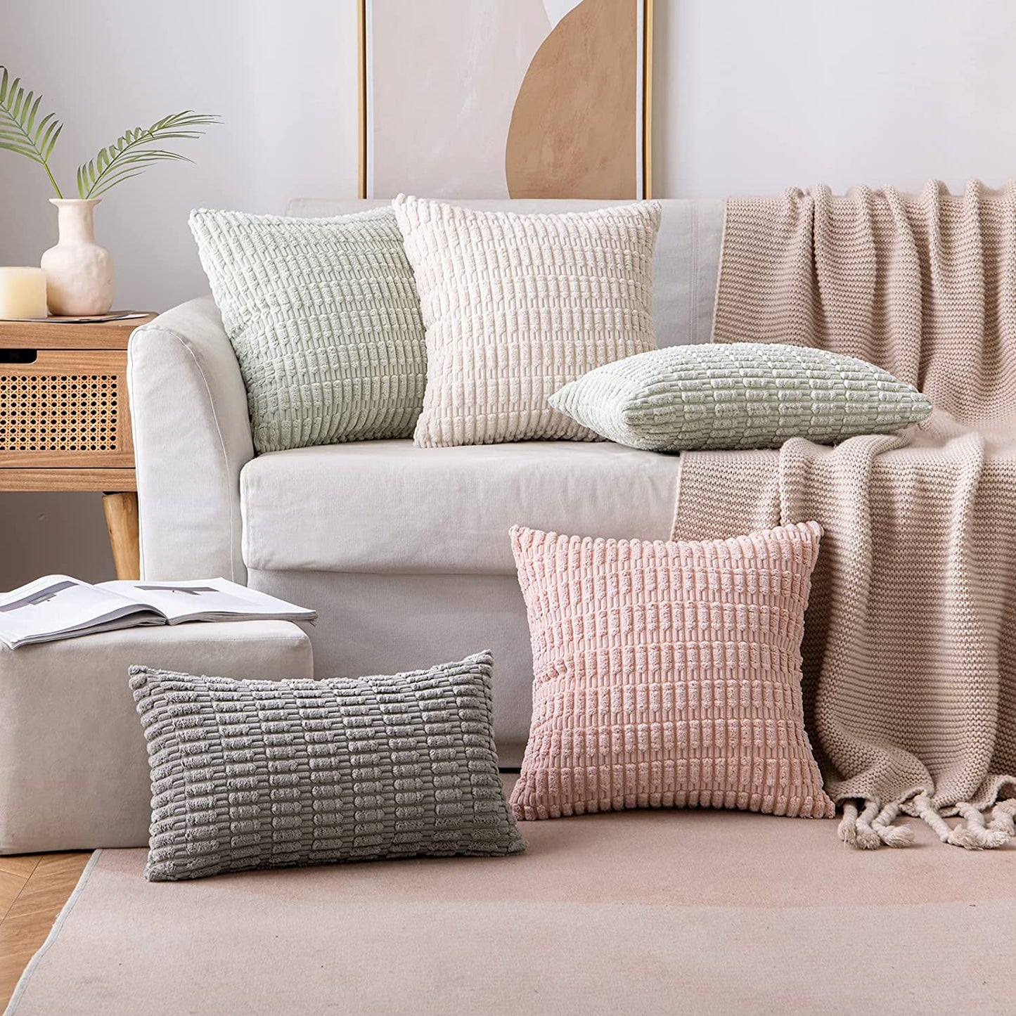 Pack of 2 Corduroy Decorative Throw Pillow Covers 18X18 Inch Soft Boho Striped Pillow Covers Modern Farmhouse Home Decor for Sofa Living Room Couch Bed Cream White