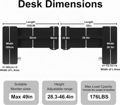 59 Inch L Shaped Standing Desk Electric Adjustable Height, Corner Standing Desk, Electric Sit Stand Table with Reversible Splice Boards for Computer Office Home (Rustic Brown)