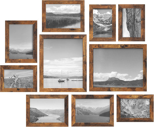 Picture Frames, Collage Picture Frames Set of 10, Two 8X10, Four 5X7, Four 4X6, Photo Frame for Wall Gallery Decor, Table Display, Glass, Rustic Brown URPF010X01