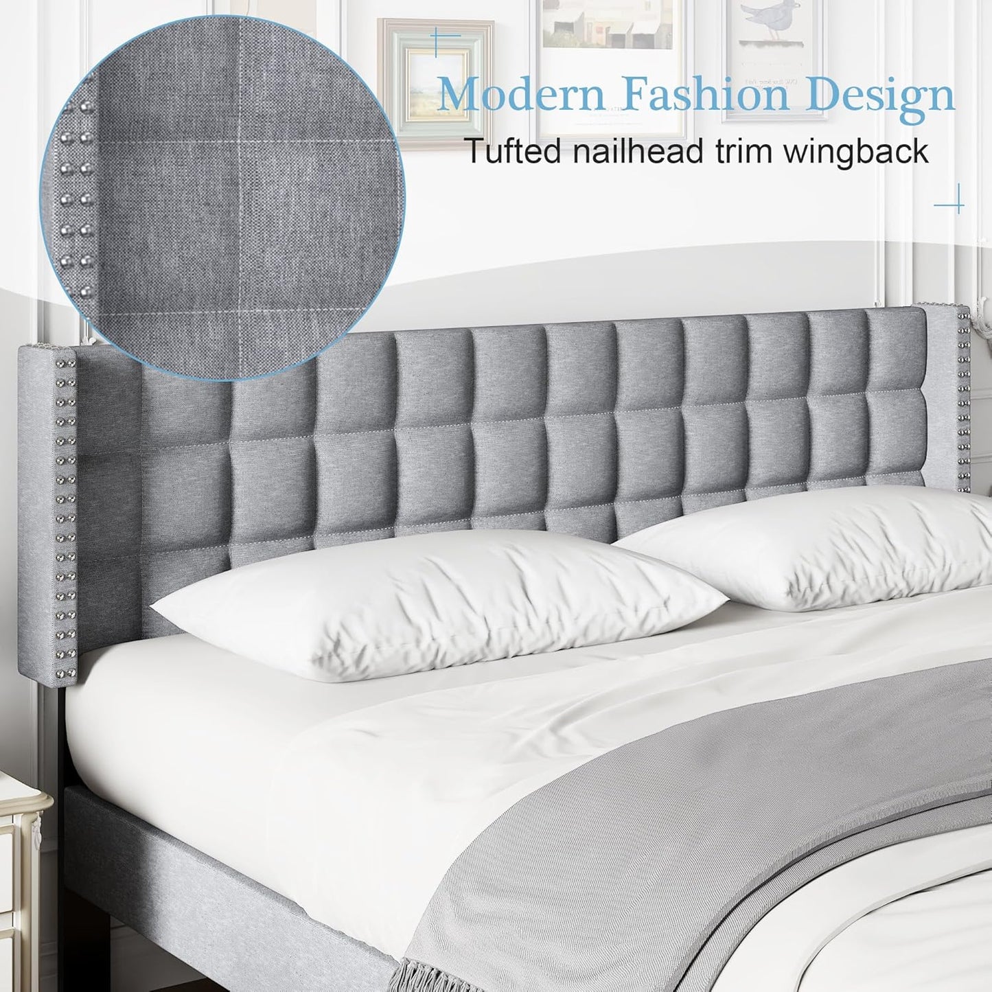 Headboard King Size, Linen Upholstered Headboards Only with Nailhead Trim Wingback, Square Stitched Design, Adjustable Height from 40" to 49.8", Light Grey