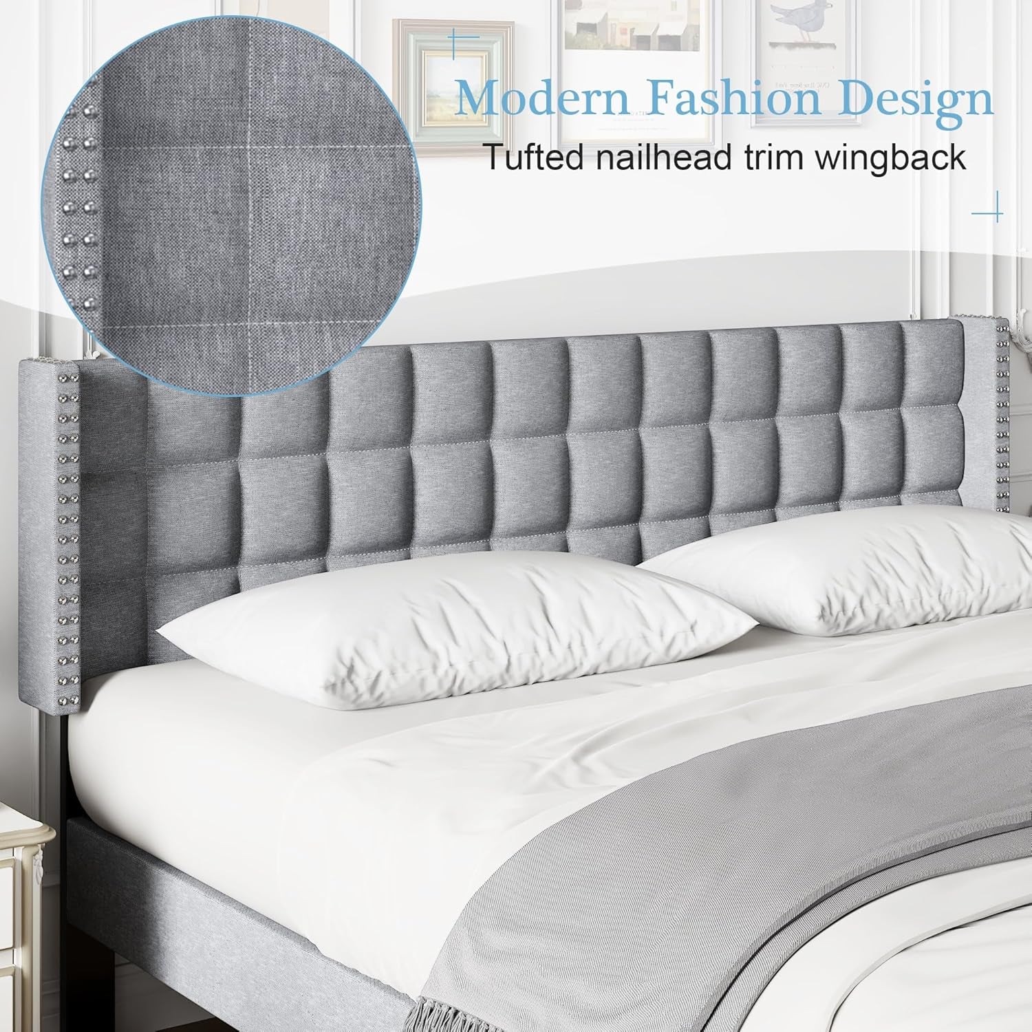 Headboard King Size, Linen Upholstered Headboards Only with Nailhead Trim Wingback, Square Stitched Design, Adjustable Height from 40" to 49.8", Light Grey