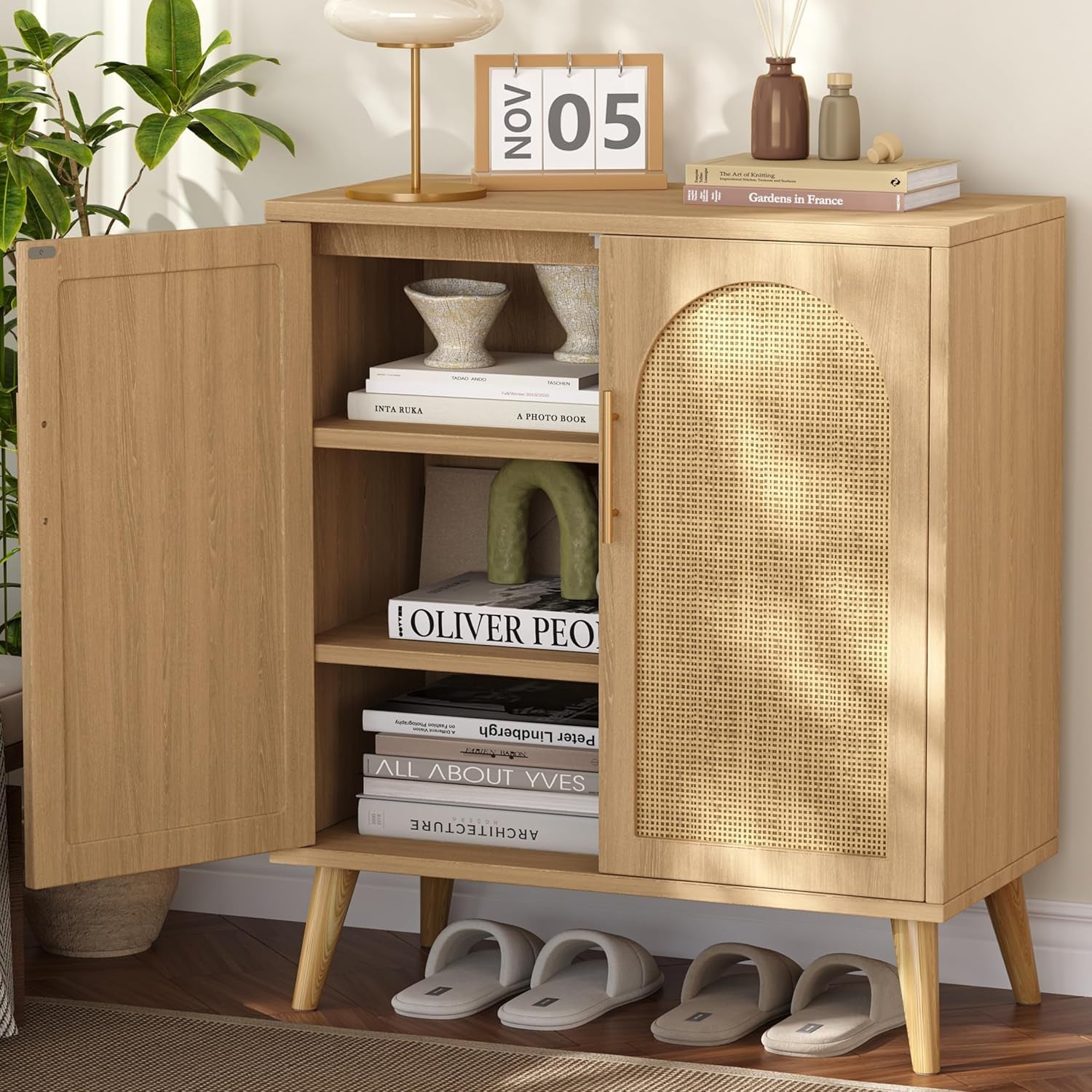 Rattan Buffet Cabinet with Storage, Boho Buffet Table with Adjustable Shelf and Solid Wood Legs, Accent Sideboard with Doors, Floor Cabinet for Kitchen, Dining Room and Living Room, Natural