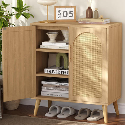 Rattan Buffet Cabinet with Storage, Boho Buffet Table with Adjustable Shelf and Solid Wood Legs, Accent Sideboard with Doors, Floor Cabinet for Kitchen, Dining Room and Living Room, Natural