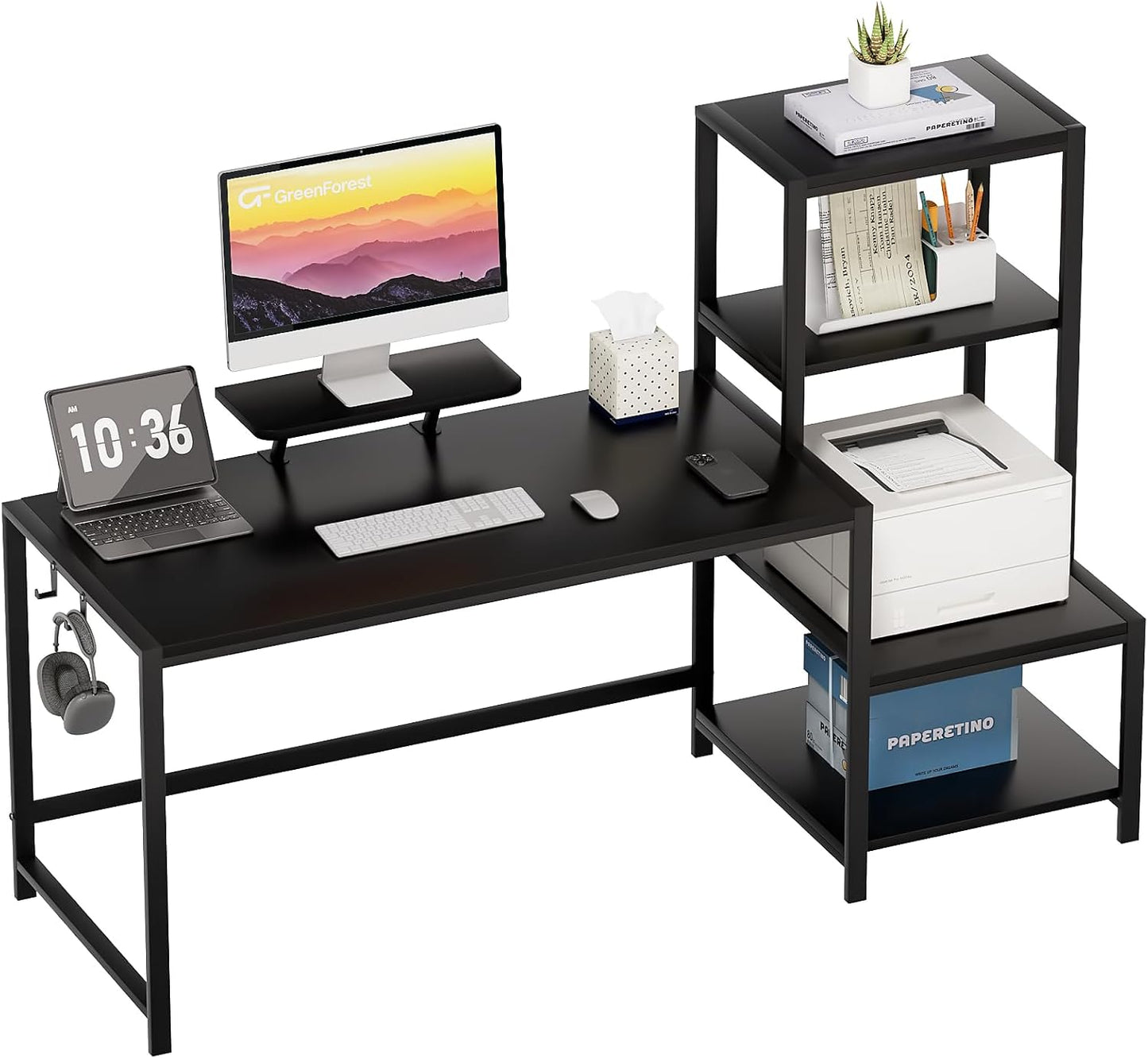 Computer Desk 67 Inch with Printer Shelf, Reversible Office Desk with Monitor Stand and 2 Hooks, Home Desk Workstation for Study Writing Working Gaming, Black