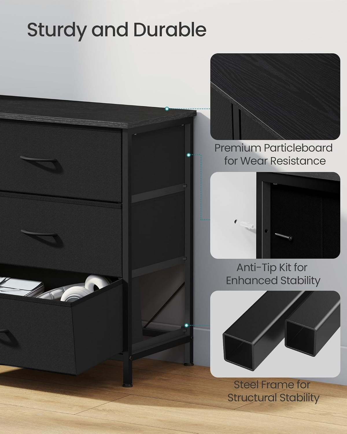 BELLAH Collection - Dresser for Bedroom, TV Stand for Tvs up to 70 Inches, Chest of Drawers for Living Room, Closet, Steel, 9 Drawers, Modern, Ink Black ULGS233BH02S