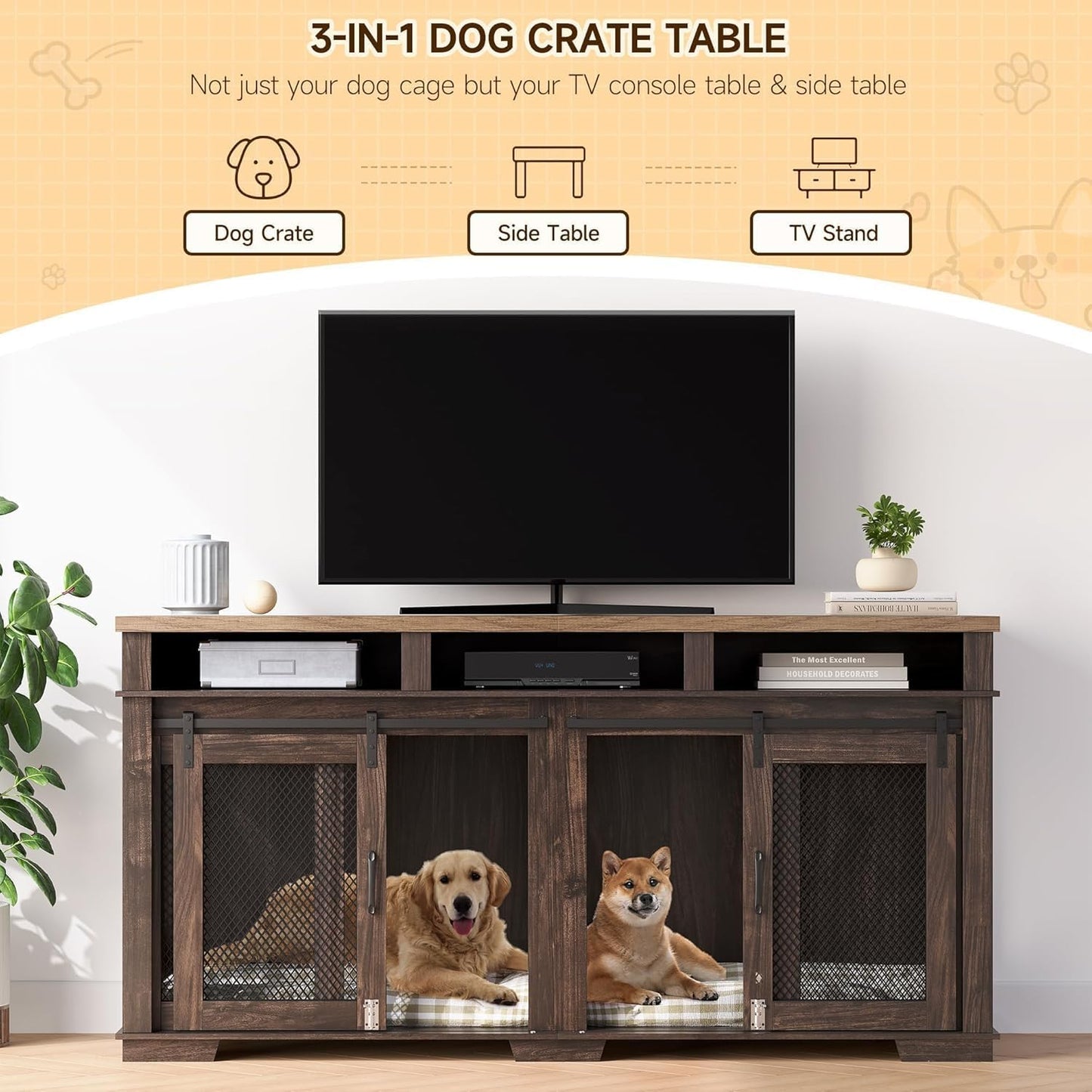 71" Extra Large Dog Crate Furniture, Heavy Duty Dog Kennel with Sliding Barn Door, 3 Storage Compartments & Removable Divider, TV Stand Side Table for Living Room, Light Oak/White
