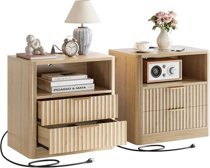 Fluted Night Stand Set of 2, Modern Nightstand with Charging Station, Drawers and Open Shelves - Bedside Table Wood Side Table Set for Bedroom, Oak
