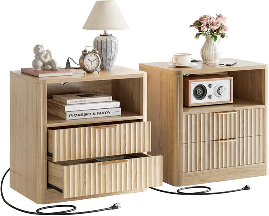 Fluted Night Stand Set of 2, Modern Nightstand with Charging Station, Drawers and Open Shelves - Bedside Table Wood Side Table Set for Bedroom, Oak