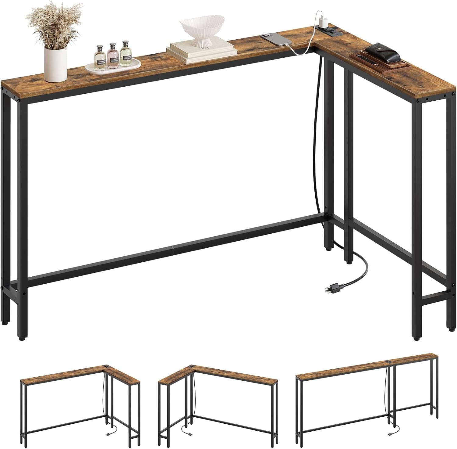 Narrow Console Table with Outlets, 70.9" Sofa Table Narrow Long, L Shaped behind Couch Entryway Table with Charging Station, for Living Room, Hallway, 3 Assembly Options, Rustic Brown CT07UBR