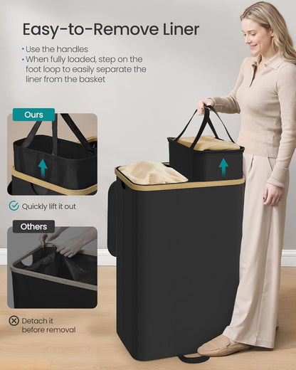 Laundry Hamper, Laundry Sorter with Lid, Storage Basket Bin, Removable Liners, Bamboo Frame, for Bedroom, 2 Sections, 39.6 Gal. (150 L), Ink Black ULCB532BH01