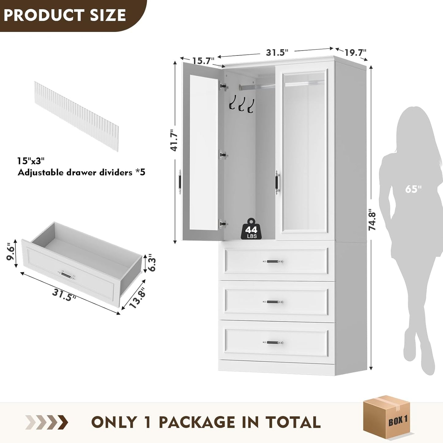 Armoire Wardrobe Closet with 2 Door & 3 Drawers, 74.8" Large Wardrobe Cabinet with Hanging Rod, Freestanding Modern Bedroom Armoire Storage Cabinet, White