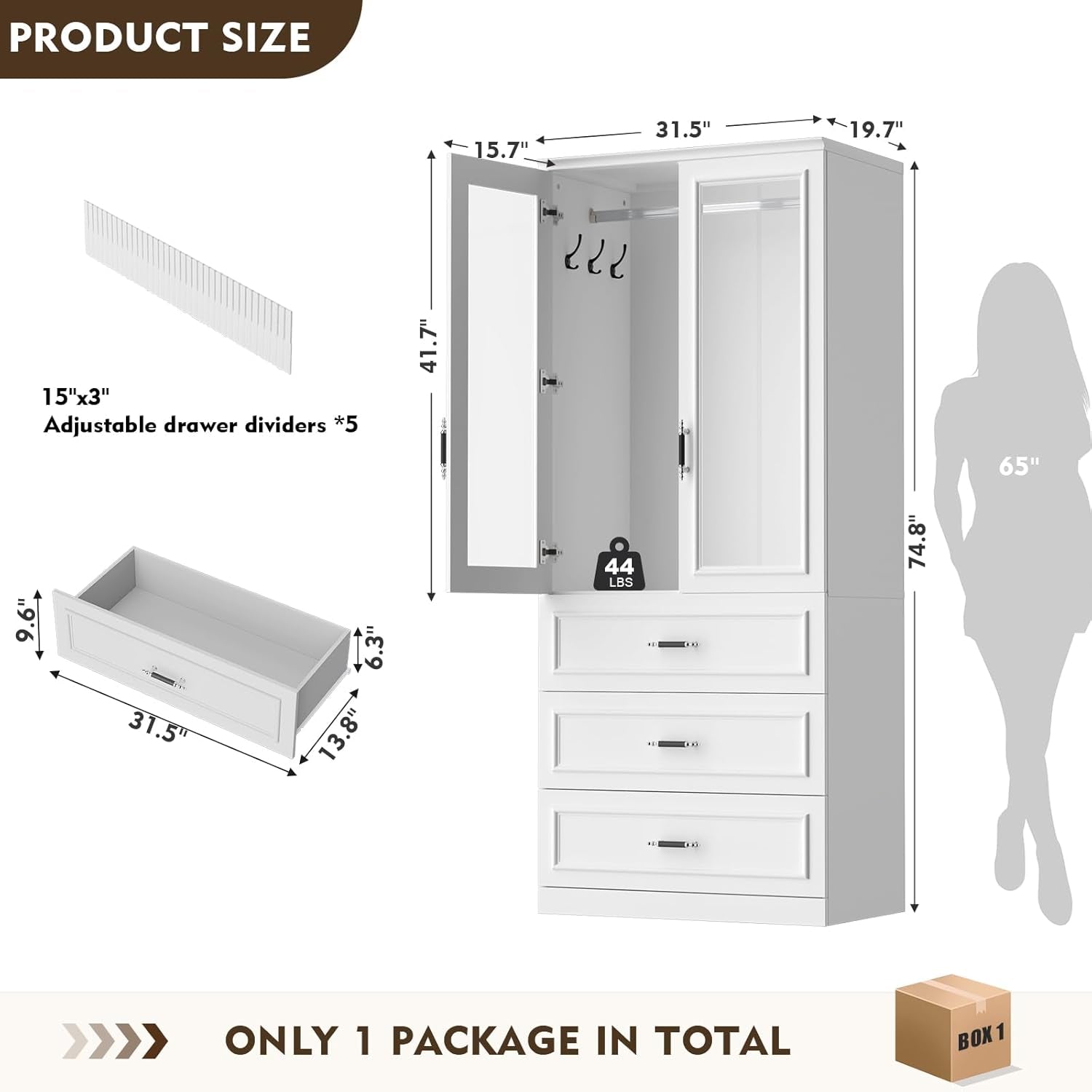 Armoire Wardrobe Closet with 2 Door & 3 Drawers, 74.8" Large Wardrobe Cabinet with Hanging Rod, Freestanding Modern Bedroom Armoire Storage Cabinet, White