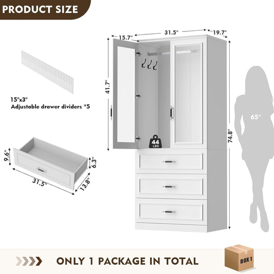 Armoire Wardrobe Closet with 2 Door & 3 Drawers, 74.8" Large Wardrobe Cabinet with Hanging Rod, Freestanding Modern Bedroom Armoire Storage Cabinet, White