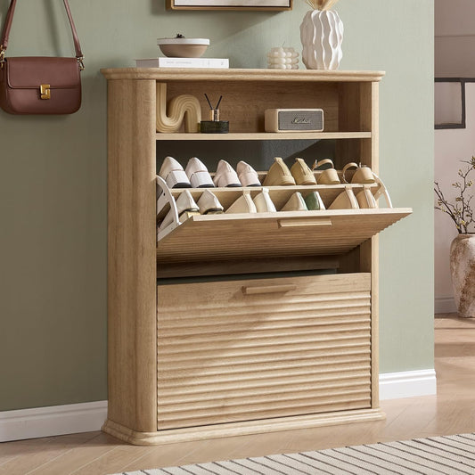 Fluted Narrow Shoe Cabinet with 2 Flip Drawers, Modern Shoe Storage Cabinet with Open Storage & Curved Profile Design, Wood Shoes Rack for Entryway, Hallway, Foyer, Oak