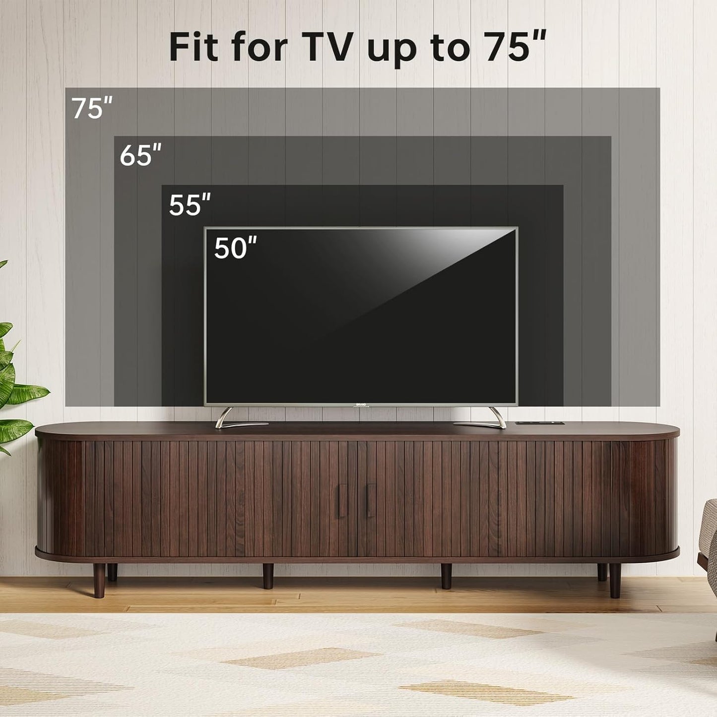 70" Mid Century Modern TV Stand, Wood TV Consoles with Sliding Doors and Power Outlet, Entertainment Center with Adjustable Shelves, Fluted TV Stands for Living Room, Walnut