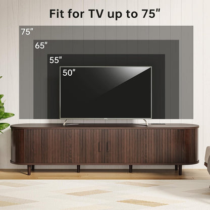 70" Mid Century Modern TV Stand, Wood TV Consoles with Sliding Doors and Power Outlet, Entertainment Center with Adjustable Shelves, Fluted TV Stands for Living Room, Walnut
