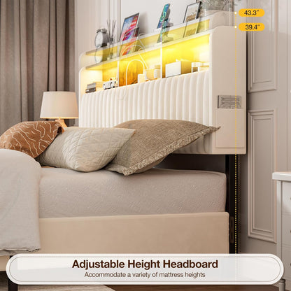 Upholstered California King Headboard with Storage, Adjustable Height, Velvet Cal King Head Board Only with LED Lights & Charging Station, Bed Frame Brackets Adapter, Easy Assembly, White