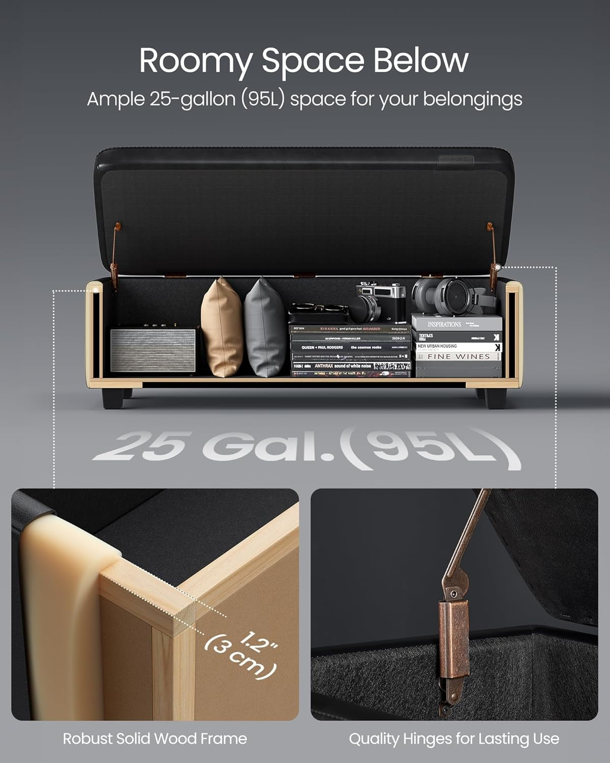 EKHO Collection - Bench for Entryway Bedroom, Synthetic Leather with Stitching, Ottoman Bench with Steel Legs, Living Dining Room, Mid-Century Modern, Loads 660 Lb, Caramel Brown ULOM076K01