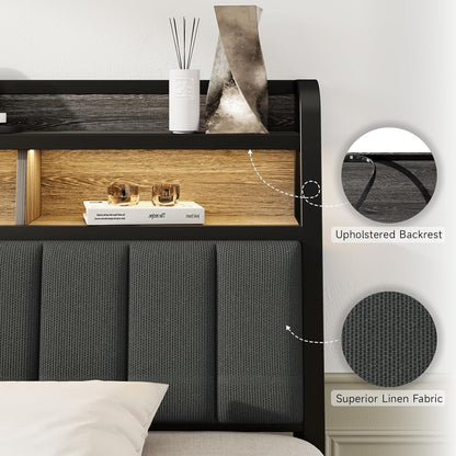 King Headboard Only with Storage, Upholstered Headboards for King Size Bed with LED Light, Charging Station, Height Adjustable, Sturdy and Stable Headboard, Black & Grey