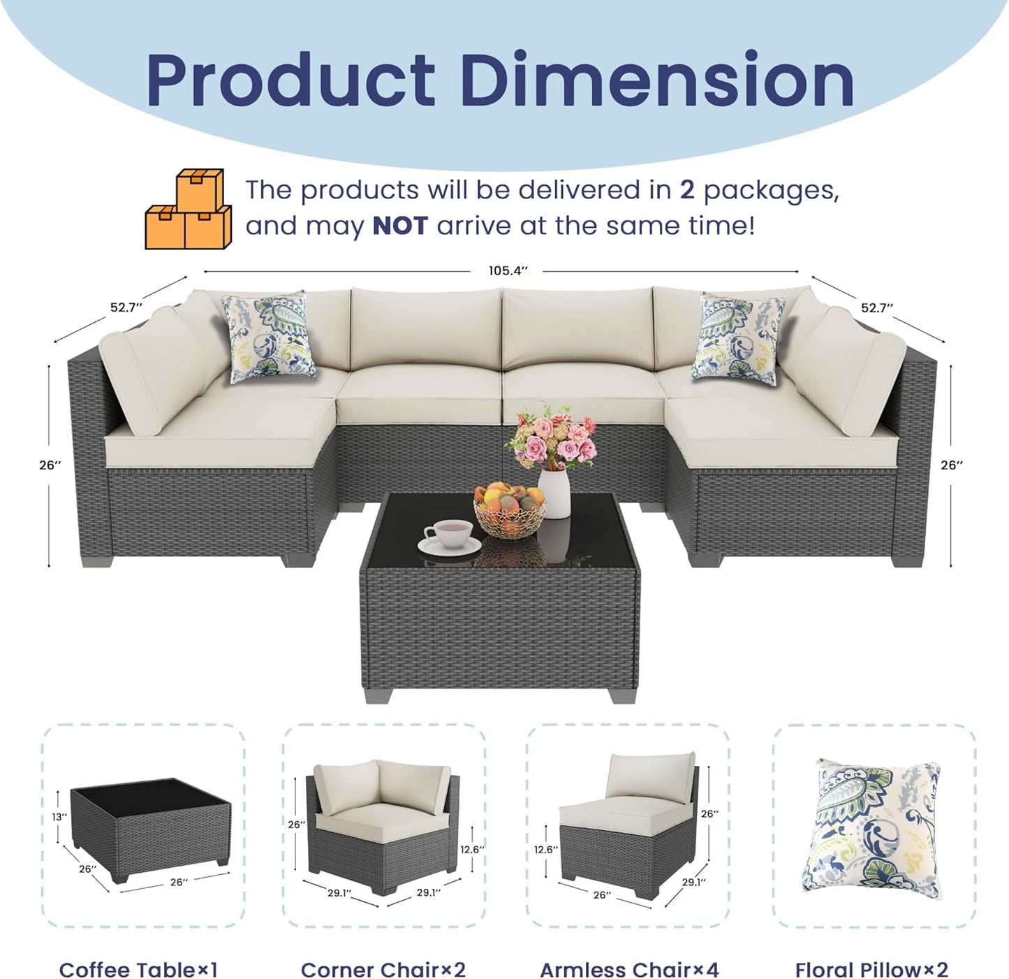 7 Piece Outdoor Patio Furniture Set, Outdoor Sectional Furniture, Rattan & Wicker Modern Modular Conversation Set Sofa Couch W/Water Resistant Washable Thick Cushions, Coffee/Beige