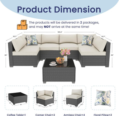 7 Piece Outdoor Patio Furniture Set, Outdoor Sectional Furniture, Rattan & Wicker Modern Modular Conversation Set Sofa Couch W/Water Resistant Washable Thick Cushions, Coffee/Beige