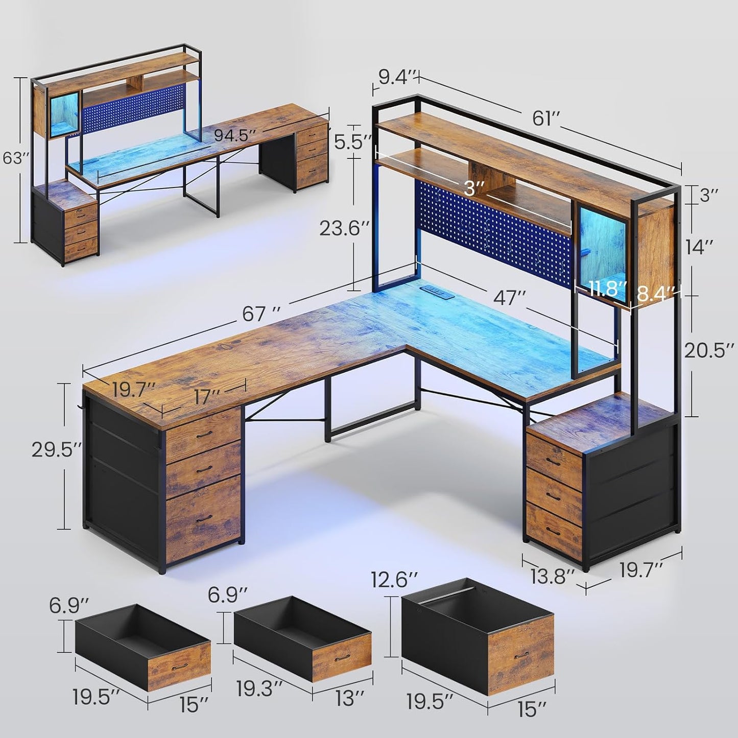 L Shaped Gaming Desk with 6 Drawers, Reversible Computer Office Desk with File Drawer, Hutch, Storage Shelves, Gaming Corner Desk with Led Lights, Power Outlet for Two Person, Rustic Brown