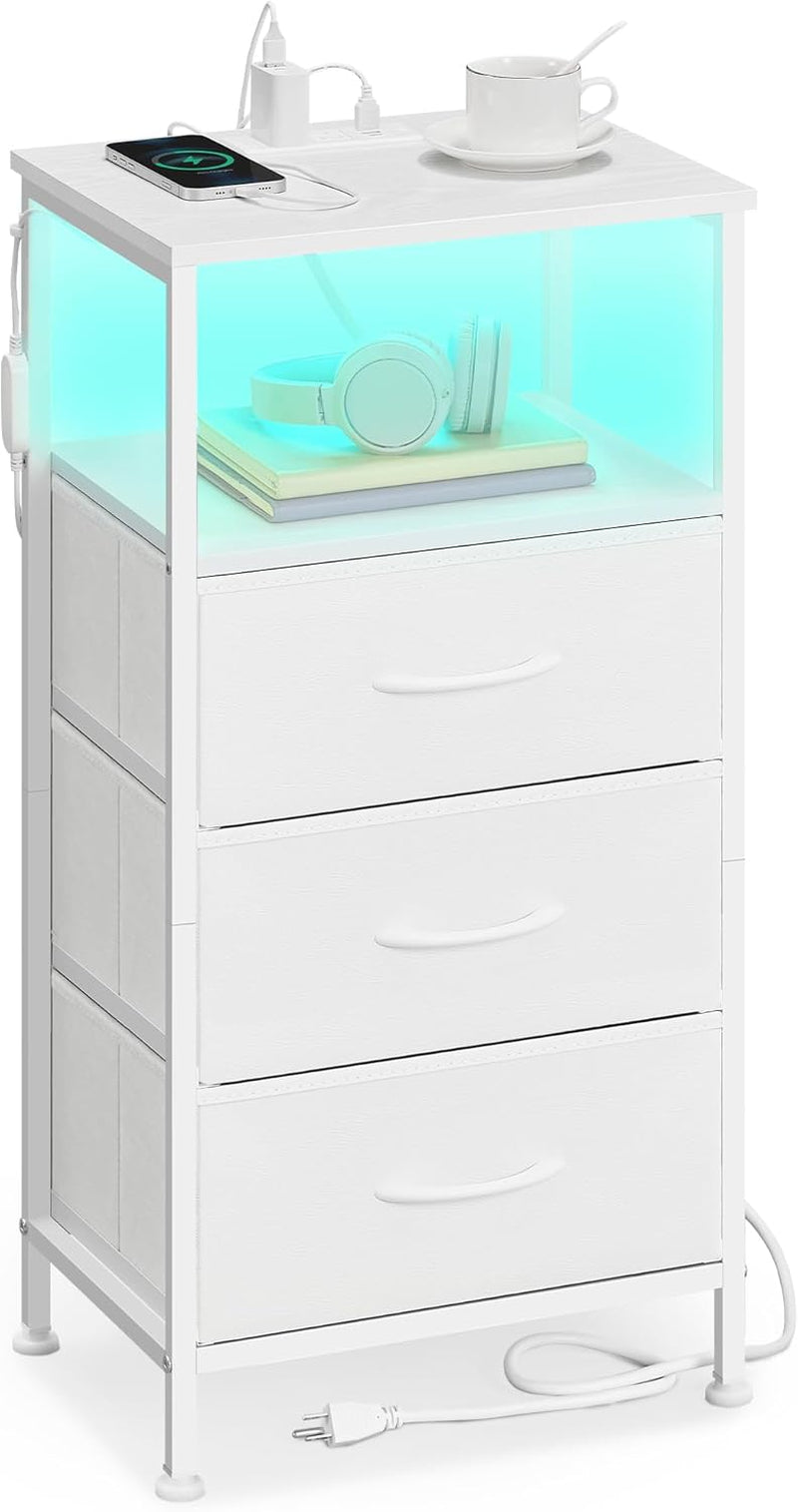 BELLAH Collection - Nightstand with Charging Station and App-Controlled Adjustable LED Lights, Bed Side Table, 3 Drawer and 1 Open Shelf, Bedroom, Cloud White and Snow White ULGS303WH01S