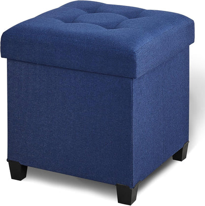 17.7" Square Ottoman with Storage, Storage Ottoman Foot Stool with Lid & Solid Wood Legs, Linen Ottomans for Living Room, Bedroom, Dorm, Blue