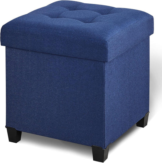 17.7" Square Ottoman with Storage, Storage Ottoman Foot Stool with Lid & Solid Wood Legs, Linen Ottomans for Living Room, Bedroom, Dorm, Blue