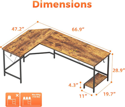 L Shaped Desk 66 Inch for Home Office, Corner Computer Desk Gaming Desk Wood L Desk with CPU Stand, Study Writing Table(Cpu Stand, Rustic Brown, 66 Inch)