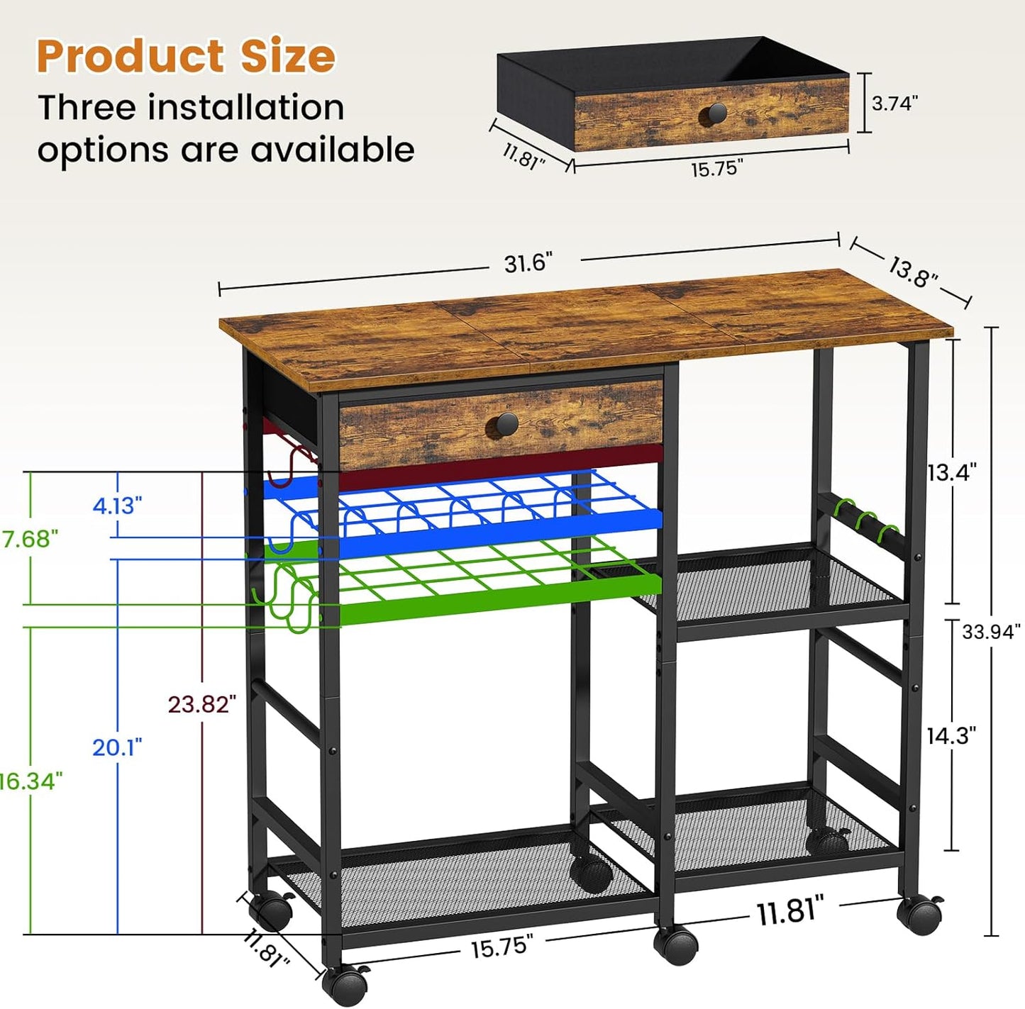 Microwave Stand, 6-Tier Microwave Cart with Wheels & Adjustable Shelf, Coffee Bar Table Station, Rolling Storage Cart Organizer Shelf for Living Room, Kitchen Island, Office, Rustic Brown