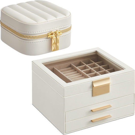 3-Tier Jewelry Organizer with Glass Lid and Square Travel Jewelry Box Bundle, with Drawers, Mirror, PU, Modern, Gift Idea, Cloud White UJBC239WT and UJBC179W01
