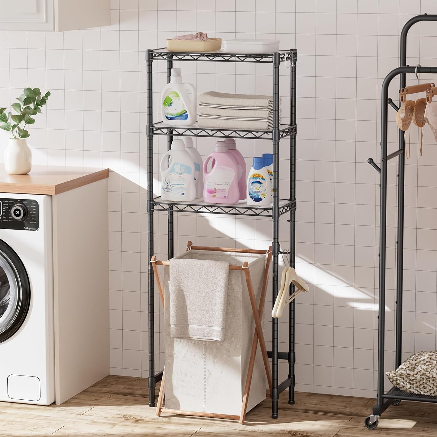 Over the Toilet Storage Shelf：3-Tier Bathroom Organizer and Storage Shelf with Adjustable Shelf and Basket Freestanding Space Saver above Toilet for Room Black
